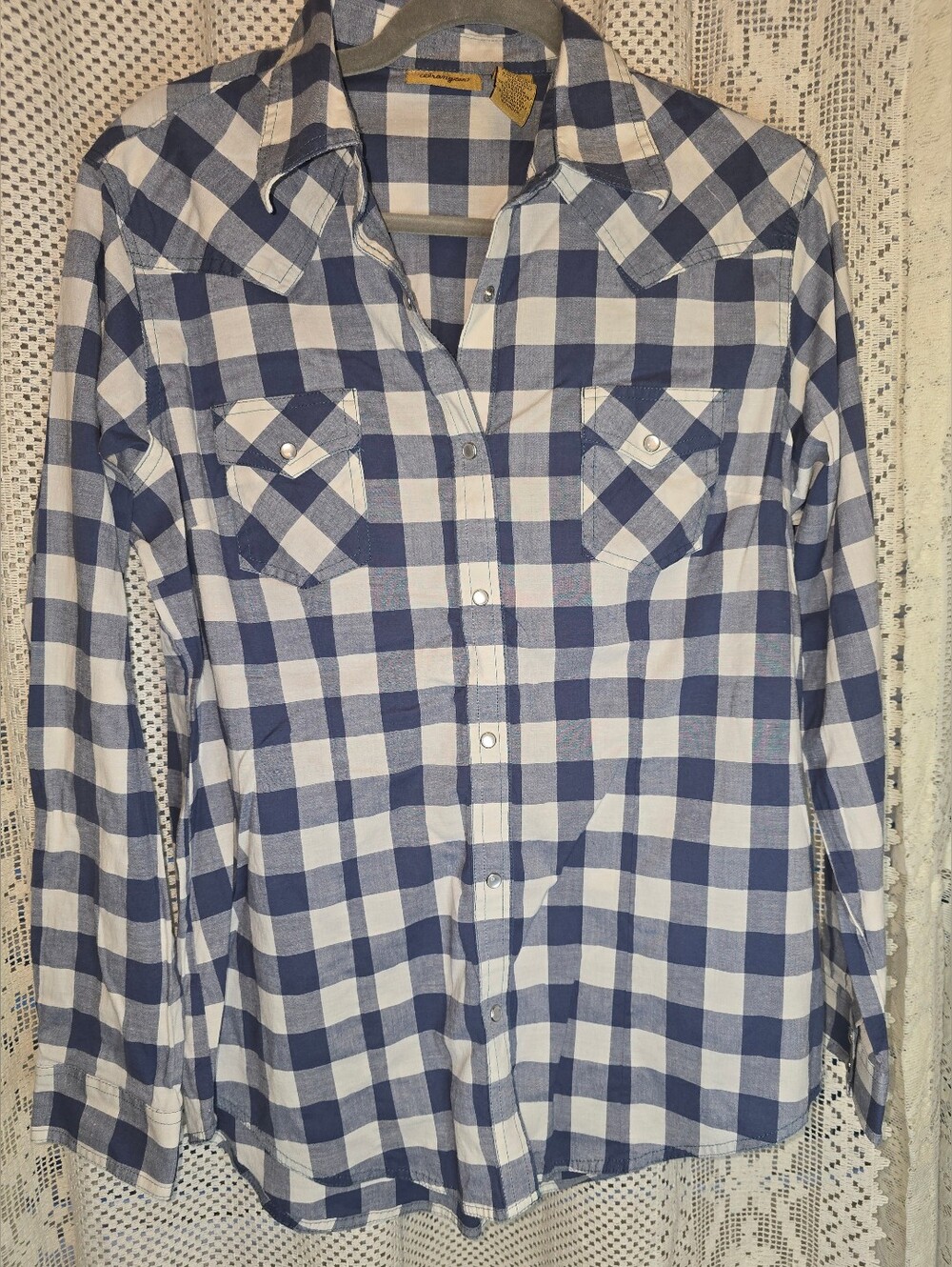 Wrangler Longsleeve Pearl Snap, Large, Blue And White Gingham, Womens